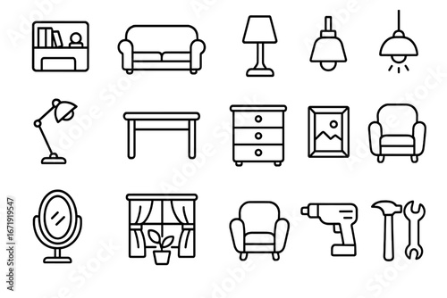Home decor and lighting line icon set, interior fixtures and tools outline collection, vector cartoon illustration with transparent background, organized icon set for design