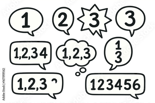 Hand-drawn speech bubble vector set with numbers. Concept for process, steps, ranking, options, or counting. Cartoon communication dialogue icons. Doodle info graphics.