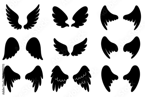 Angel wings silhouette icon set. Celestial, spiritual symbol collection. Vector divine, angelic, feather, freedom and heaven concept. Black bird wings graphic design elements.