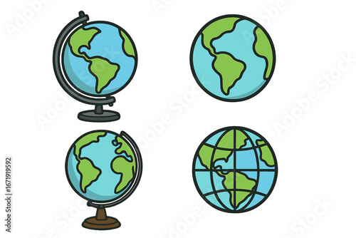 Vector globe icon set. Cartoon earth planet sphere on stand. World map for travel, geography, education. Global international symbol collection. Flat design illustration.