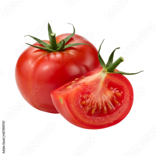 Wallpaper Mural Fresh ripe red tomato with a juicy slice showing seeds and pulp isolated on transparent background Torontodigital.ca