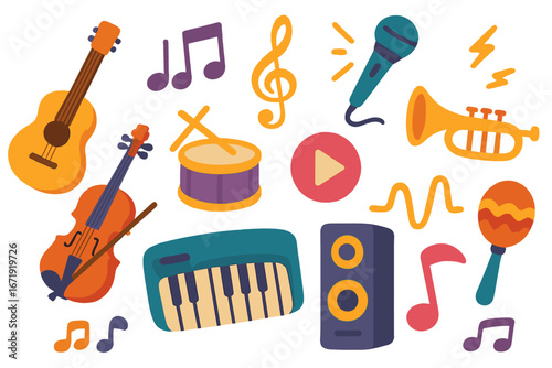 Colorful Music Icons with Various Instruments and Elements Representing Vibrant Contemporary Musical Performance Vector Cartoon Illustration