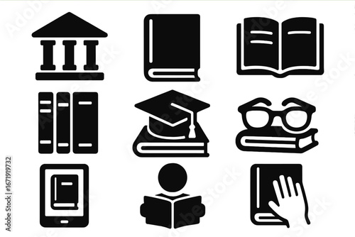 Book icon set. Education, reading, library symbols. Knowledge, learning, study concept. University, school pictogram. Graduation cap, ebook, reader, textbook glyphs. Solid.