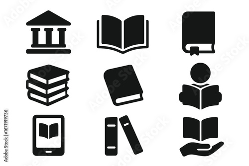 Book and reading solid icon set. Library, education, and learning symbols. Vector glyph collection for knowledge, school, university, e-book, and literature concepts.