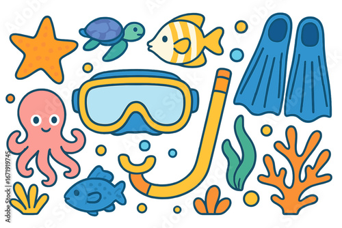 Colorful marine life and snorkeling gear collection with cartoon sea creatures and underwater plants for ocean adventure and beach diving activities vector illustration