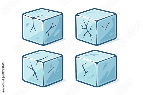 Set of four ice cubes with cracks. Frozen water blocks vector illustration. Cool, blue cartoon icons for cold drinks or winter themes. Minimalist geometric crystal shapes.