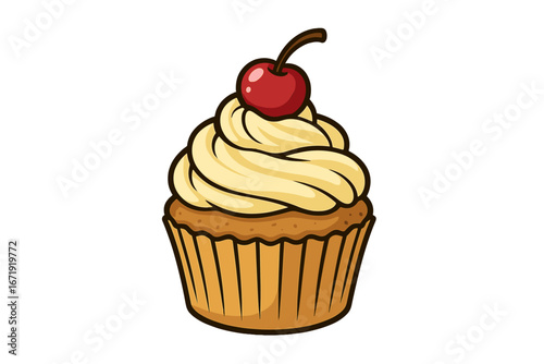 Cupcake with vanilla frosting and cherry on top. Sweet dessert food vector illustration. Muffin for bakery, party or birthday celebration. Cartoon confectionery pastry icon.