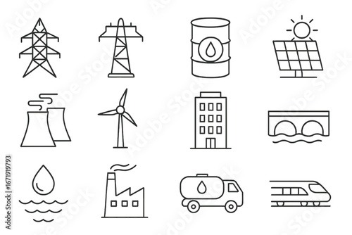 Infrastructure and Utility Icon Set, Linear Style Collection of Energy and Transportation Symbols, Vector Cartoon Illustration with Transparent Background, Ordered Set 2