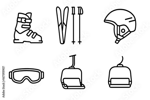 Alpine skiing icon set, winter sports gear. Vector outline illustration of ski equipment. Includes ski boot, skis, poles, helmet, goggles and chairlift icons for design.
