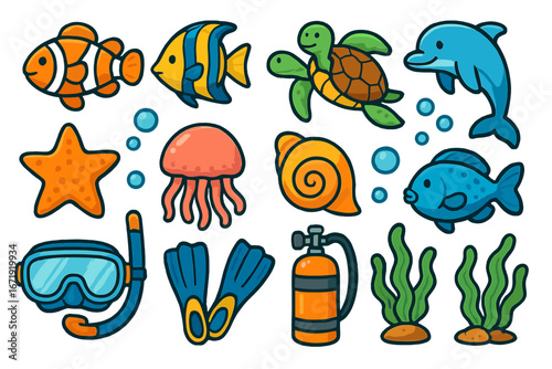 Colorful Underwater Icons Featuring Marine Life and Diving Equipment for Ocean-Themed Designs, Cartoon Vector Illustration Set with Transparent Background, Sea Creatures and Scuba Gear