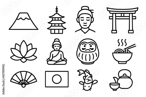 Japanese Culture Icon Set, Traditional Zen Meditation Symbols, Outline Vector Cartoon Collection with Mount Fuji, Pagoda, Torii Gate, Buddha, Daruma Doll, Koi Fish, Tea, Fan
