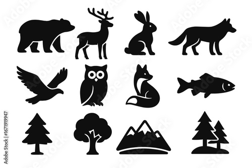 Forest animal & nature silhouette icon set. Vector wildlife symbols collection. Bear, deer, wolf, fox, owl, eagle, fish, mountain, tree. Solid black glyphs for logo design.