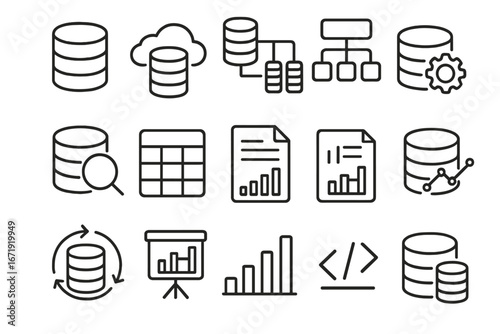 Data and database line icon set. Big data analysis, cloud server storage, and information technology symbols. Vector pictogram collection for web and business intelligence.