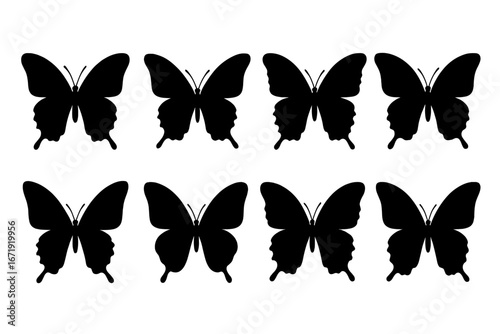 Butterfly silhouette vector icon set. Elegant nature-themed insect collection. Various black butterfly shapes. Isolated graphic design elements for logo, tattoo, decal, or print.