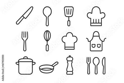 Kitchen utensils line icon set, cooking and dining culinary tools in minimalist linear style, vector cartoon illustration with transparent background, ordered cooking set collection