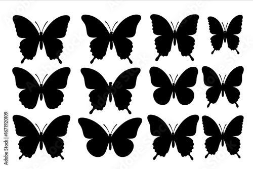 Elegant butterfly silhouette icon set. Collection of black insect shapes with detailed wings. Vector graphic illustration for design, nature, or beauty concepts. Isolated flying moth.
