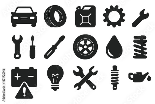 Car service and maintenance icon set. Automotive repair solid glyph symbols. Auto mechanic tools, garage equipment and car parts silhouette icons. Vector engine, oil, battery.