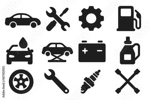 Car service solid icons. Auto repair glyphs. Automotive maintenance symbols. Vehicle garage workshop. Vector tools, wrench, oil change, battery, tire, fuel pump, spark plug.