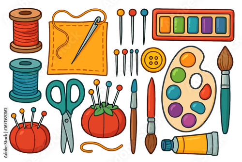 Creative craft supplies collection including sewing tools, colorful threads, painting brushes, pins, palette, and scissors for DIY art projects, vector cartoon illustration