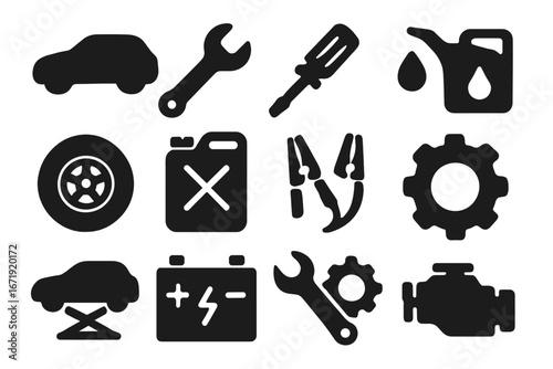 Car service and auto repair solid icons set. Automotive maintenance symbols. Vehicle garage tools, engine, oil, battery, tire, and wrench glyph vector illustration collection.