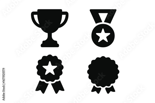 Award and achievement icon set. Trophy, medal, and rosette symbols. Winner prize silhouette. Victory and success concept. Champion graphic element. Vector glyph collection.