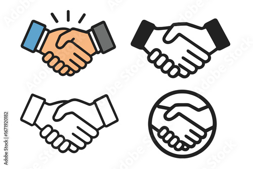 Handshake icon set. Partnership and collaboration concept. Business agreement deal symbol. Vector illustration. Cooperation and trust sign. Line art and color style icons.