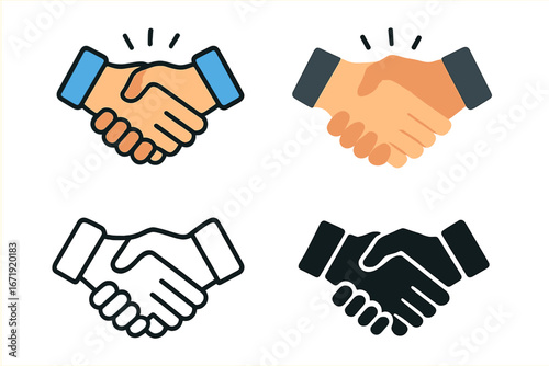 Handshake icon set for business partnership and collaboration. Vector agreement symbols. Line art, flat cartoon, and silhouette styles for deal, contract, and teamwork concepts.