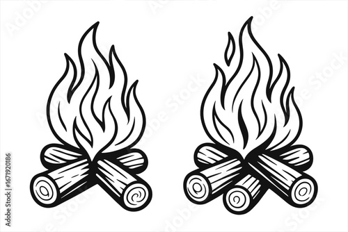 Two campfires vector illustration in black and white. Outline bonfire icon set with burning logs. Simple cartoon drawing of flames for camping, adventure, survival, and warmth.