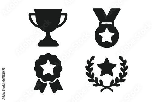 Award icons set. Trophy cup, medal, rosette, laurel wreath symbols. Vector illustration for victory, success, achievement, winner prize, first place, quality, champion.