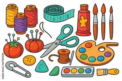 Colorful craft supplies for creative projects including sewing threads, measuring tape, pincushions, scissors, paintbrushes, paint palette, and fabric tools in vibrant vector cartoon style