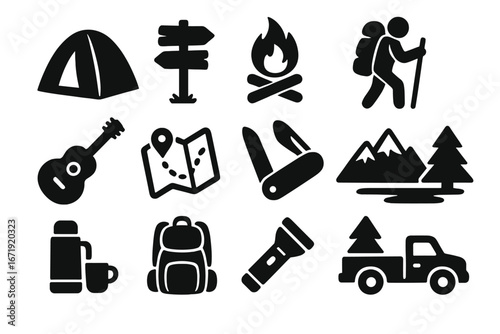 Camping and outdoors silhouette icons set. Solid glyph adventure symbols. Vector illustration for trekking, hiking and travel concepts. Bonfire, tent, map, mountains and backpack.