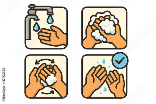 Handwashing instructions icon set. How to wash hands properly, a step-by-step guide for hygiene and health safety. Prevention of virus and bacteria. Vector cartoon illustration.
