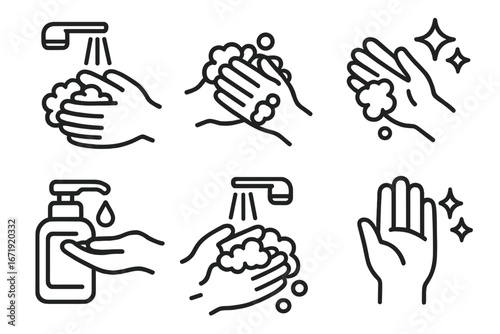 Hand washing steps icon set for hygiene instructions. Clean hands and sanitation concept. How to wash hands properly. Vector line icons for health and disease prevention.