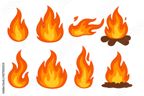 Set of cartoon fire flames collection. Vector illustration of bonfire, campfire, and fireball shapes. Isolated design elements for projects. Burning hot concept graphics.