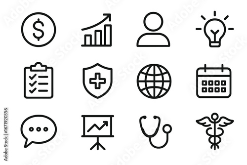 Business and healthcare outline icons set. Finance, growth chart, medical insurance, and doctor symbols. Vector line art for web, presentation, and infographic design concepts.