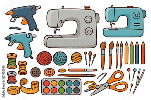 Colorful craft supplies and DIY tools collection with sewing machines, glue guns, yarn balls, paintbrushes, pencils, scissors, buttons, and measuring tape. Vector cartoon illustration.