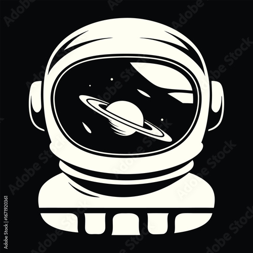 Astronaut Helmet Reflecting Planet with Rings and Stars in Space Science T-shirt Design