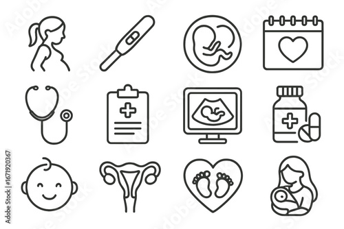 Medical Pregnancy Line Icon Set, Healthcare and Motherhood Symbols, Fetal Development Essentials, Obstetrics Vector Illustration, Maternity and Newborn Care Icons