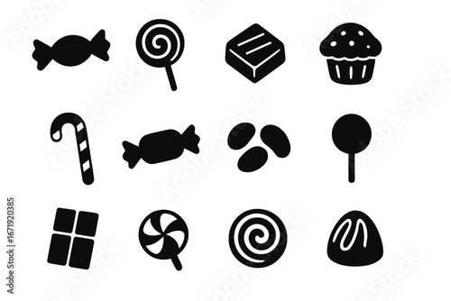 Candy silhouette icon set. Confectionery and sweet food collection. Vector dessert symbols. Chocolate, lollipop, bonbon, caramel, and pastry graphics for design elements.