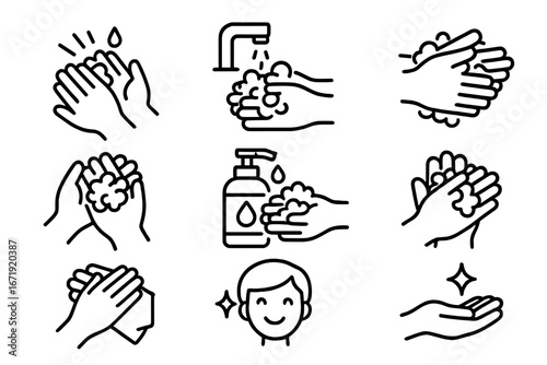 Hand washing steps icon set. Hygiene and sanitation concept. How to wash hands properly. Personal hygiene infographic. Prevention of germs, virus, bacteria. Line vector illustration