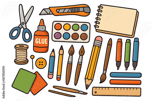 Craft tools and art supplies collection in creative arrangement with scissors, glue, paint, brushes, pencils, markers, ruler, thread, button, paper, and cutter, vector cartoon illustration