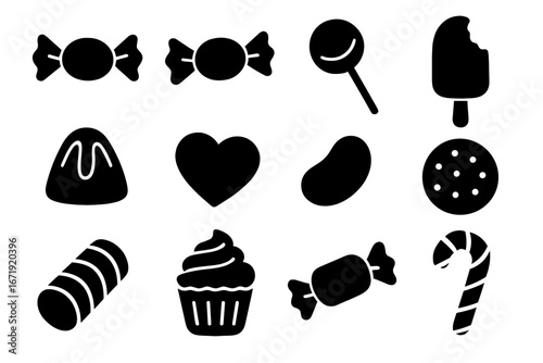Candy silhouette icon set. Sweet treats and dessert collection. Vector glyphs of confectionery, lollipop, cupcake, ice cream, cookie, chocolate bonbon and candy cane.