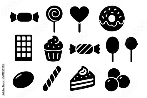 Candy and confectionery silhouette icon set. Sweet treats and dessert glyphs collection. Vector graphic elements for food design. Lollipop, chocolate, cake and donut symbols.