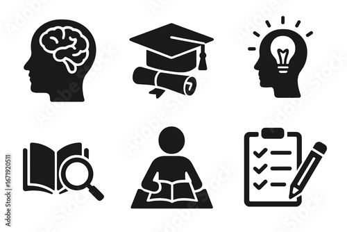 Cognitive and learning silhouette icons set. Brain, education, study symbols. Student, graduation cap, diploma, idea lightbulb, research book, test checklist vector icons.