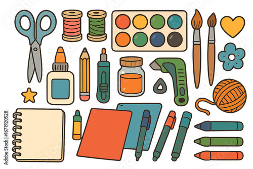 Crafting Tools and Supplies Flat Lay, Creative Art and DIY Materials, Scissors, Paint, Glue, Pencil, Yarn, Brushes, Marker, Notepad, Cartoon Vector Illustration Transparent