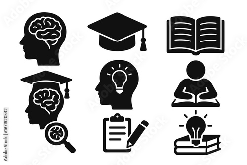 Cognitive process and education black glyph icons set. Learning, study, and knowledge symbols. Brain in head, graduation cap, book, idea lightbulb, student vector silhouette.