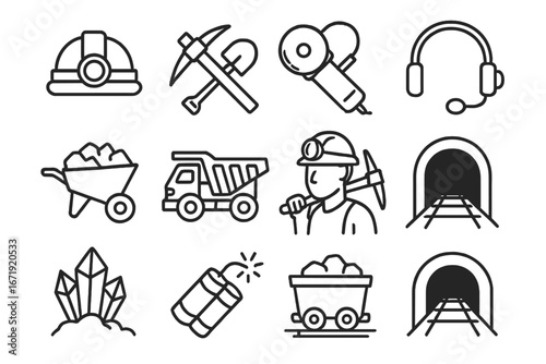 Mining tools outline icon set, industrial equipment and safety gear collection, excavation and tunnel machinery vector cartoon illustration, transparent background, ordered set
