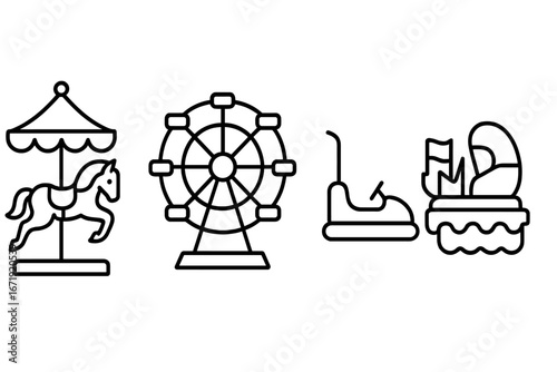 Carnival ride outline icon set. Amusement park vector collection. Simple line art illustration of a carousel horse, ferris wheel, bumper car, and parade float for a funfair design.