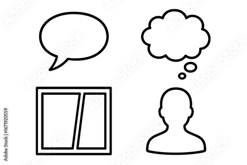 Vector icon set for comic book creation. Includes speech bubble, thought balloon, panel frame, and character head silhouette. For storyboard, graphic novel, and cartoon layout.