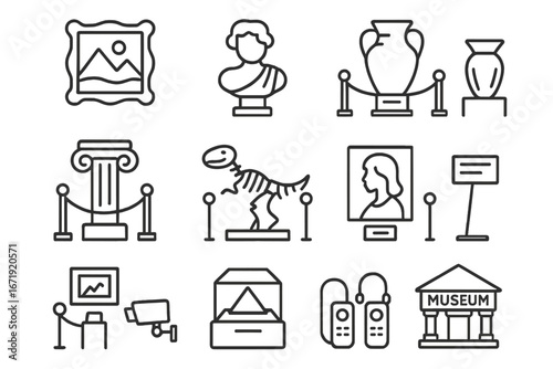 Museum Exhibit Icon Set with Artifacts and Gallery Display in Linear Style, Vector Cartoon Illustration, Transparent Background, Ordered Collection of Cultural and Historical Symbols